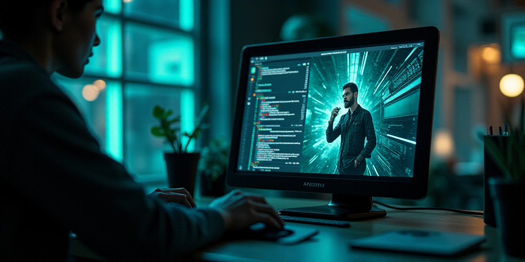 a computer screen with a picture of a person on it and a text message in the background that reads,,