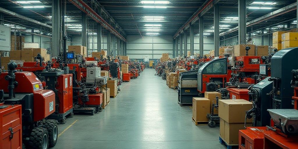 a factory filled with lots of machines and machinery in a warehouse with lots of boxes and pallets o