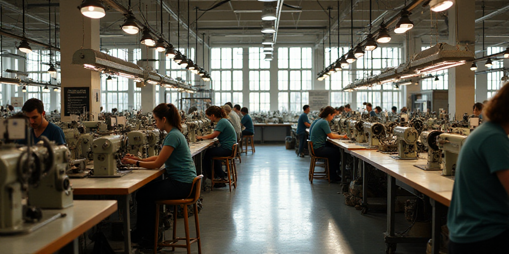 a factory with a lot of people working on sewing machines and chairs and a lot of people working on