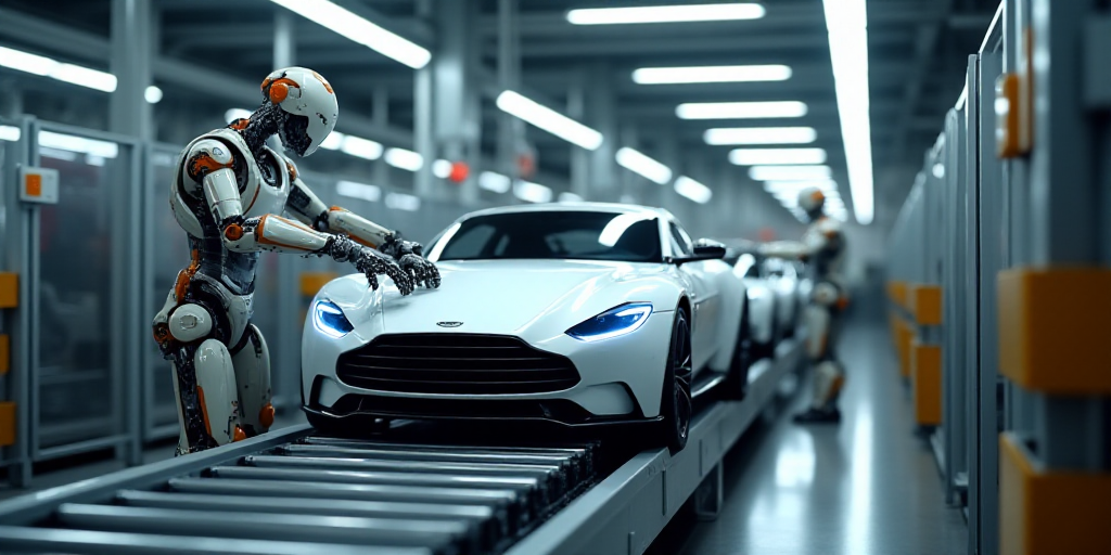 a factory with robots working on a car in the assembly line and a conveyor belt in the background, A