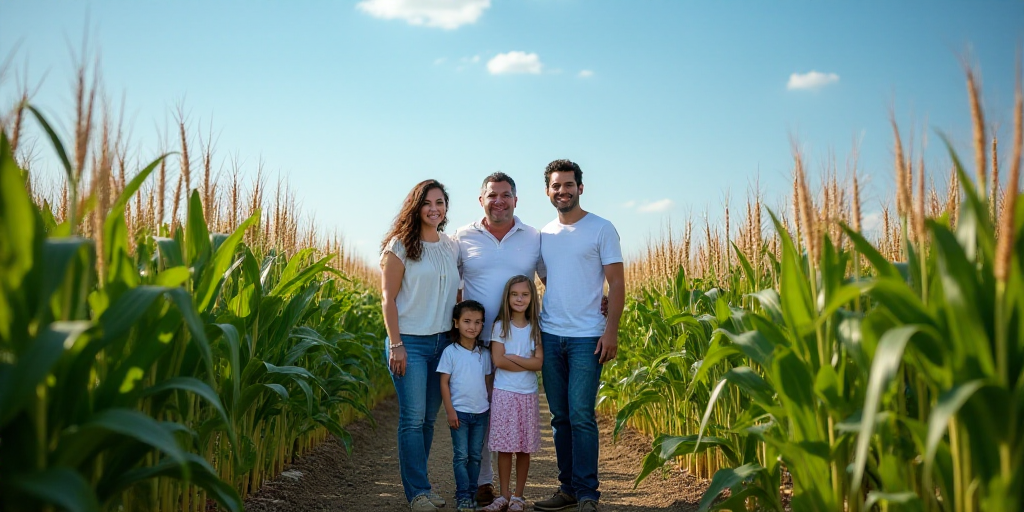 a family standing in a corn field in front of a corn stalk with a blue sky in the background, Estuar