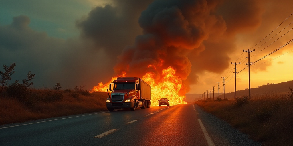 a fire is burning on the side of a highway near a car and a truck on the side of the road, Correggio