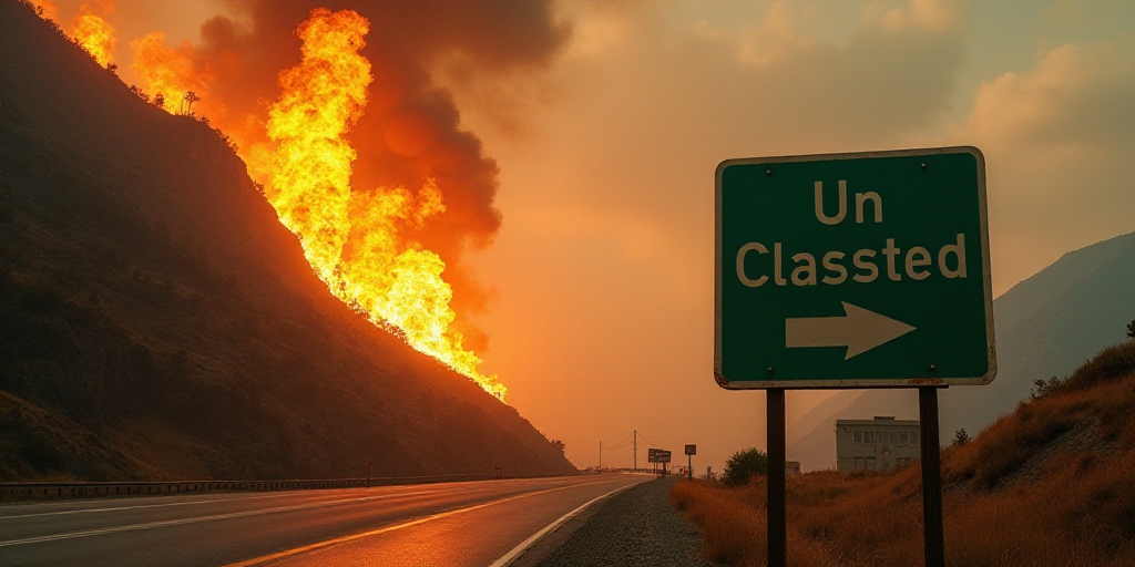 a fire is seen in the distance near a mountain side with a green sign that reads unclasssted, Elbrid