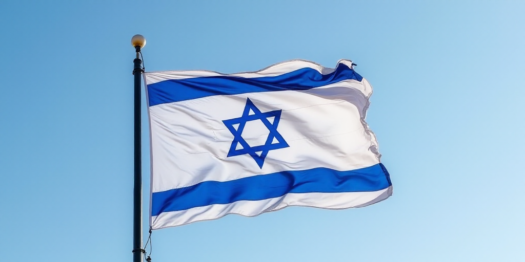 a flag flying in the wind with a blue star of david on it's side and a black pole, De Hirsh Margules