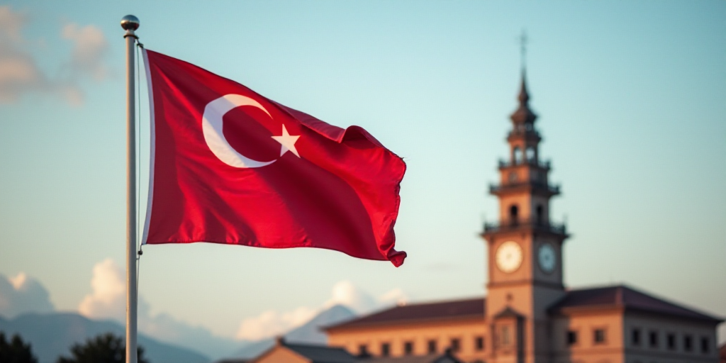 a flag flying in the wind with a sky background behind it and a building in the background with a cl