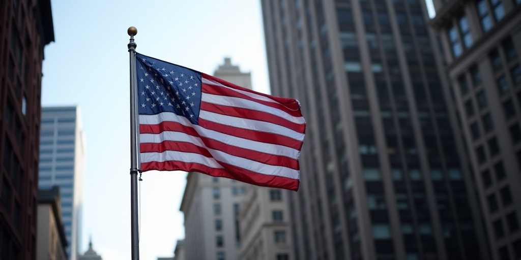 a flag is flying on the corner of a building in new york city, usa, on a flagpole, Andries Stock, sh