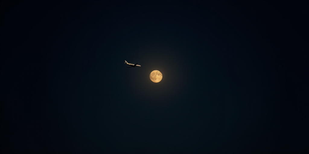 a full moon is seen in the dark sky with no clouds on it's side, with a plane flying in the foregrou