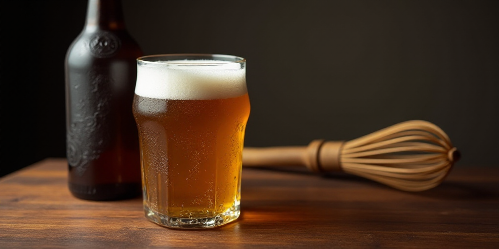 a glass of beer sitting on top of a wooden table next to a bottle of beer and a whisk, Cao Zhibai, p