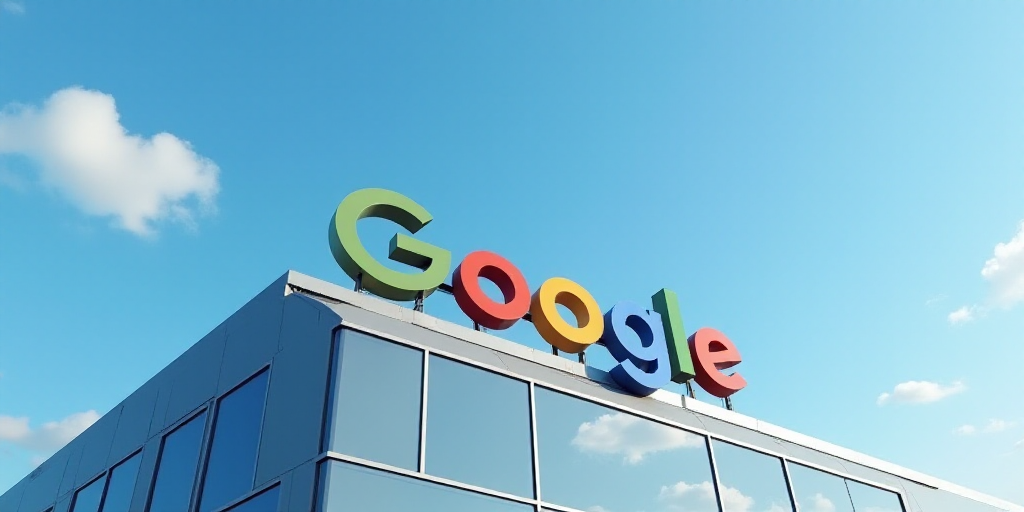 a google sign is shown on a building with a sky background in the background, and a blue sky in the