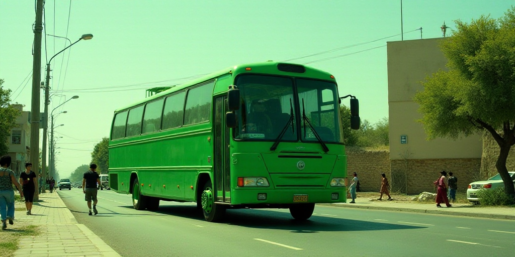 a green bus is parked on the side of the road as people walk by it and a man is walking away, Aquira