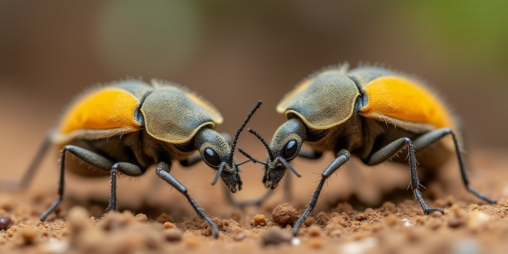 a group of bugs that are standing together in the dirt together, with one bug on the ground and the