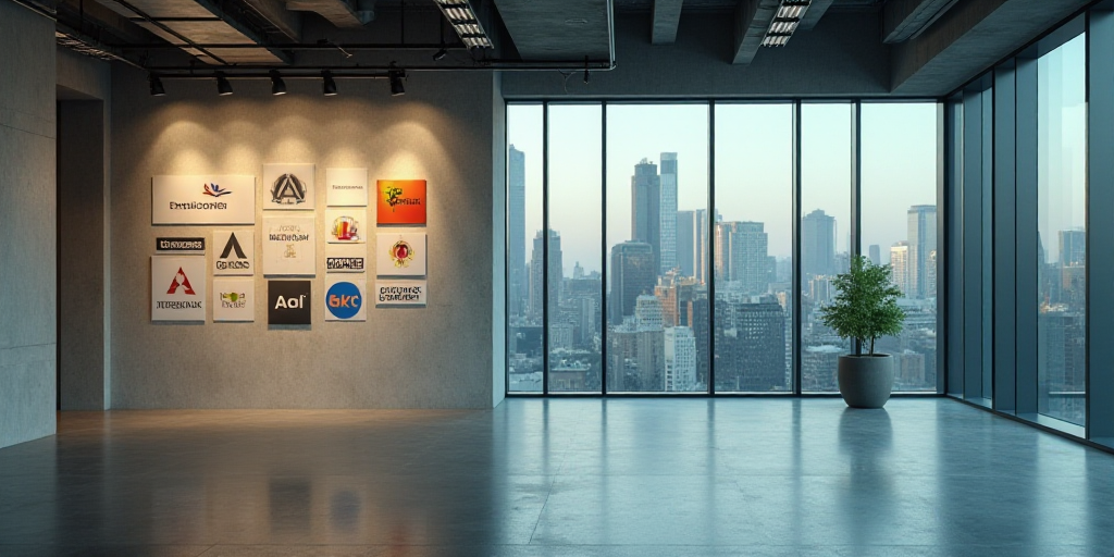 a group of logos are displayed on a wall in a building in a city, with a large glass window behind t