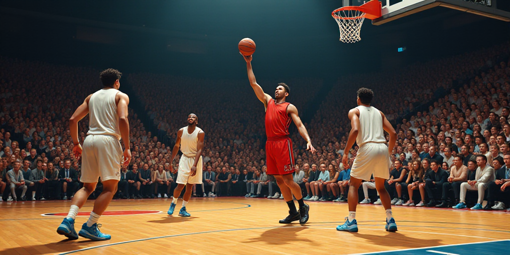 a group of men playing a game of basketball on a court with a crowd watching them from the stands, C