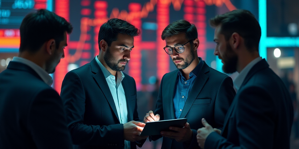 a group of men standing around a stock market holding a tablet computer and looking at it with a sur