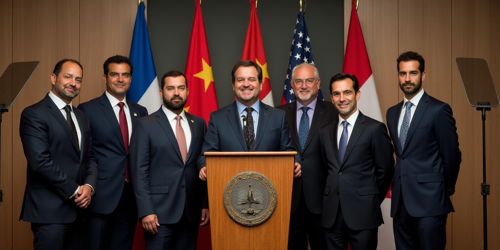 a group of men standing at a podium in front of flags and a microphone in front of them,, Carlos Enr