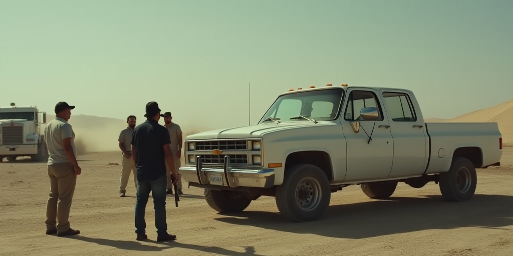 a group of men standing next to a white truck and a white truck with a gun in it's hand, Estuardo Ma