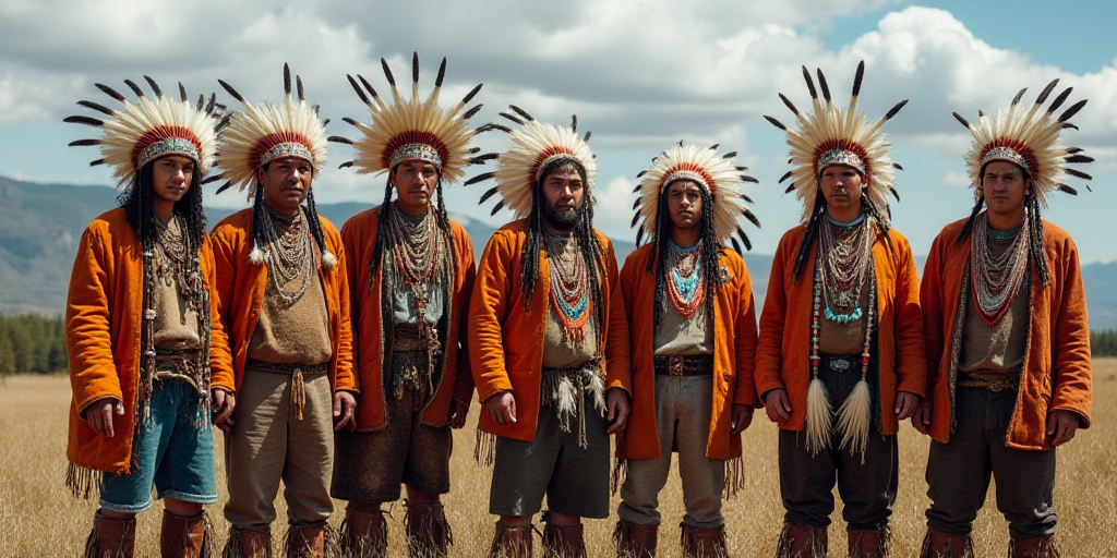 a group of men standing next to each other wearing native american clothing and headdress on their h