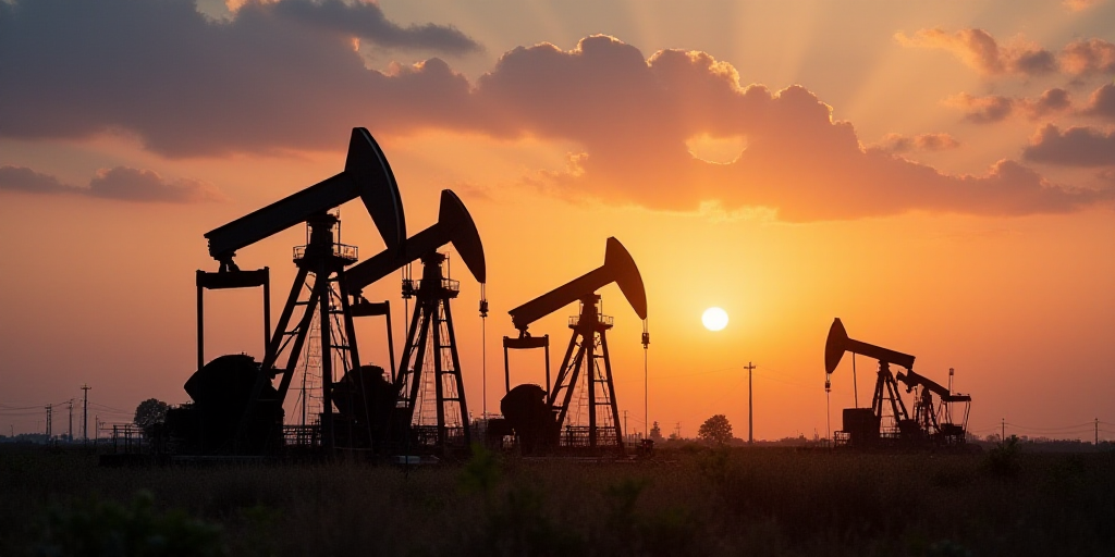 a group of oil pumps sitting next to each other on a field at sunset with a sky background and a few