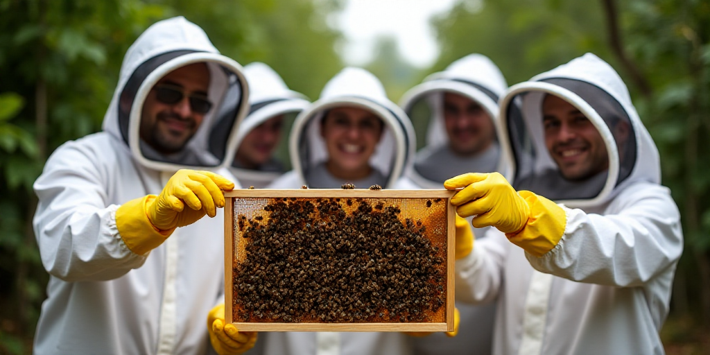 a group of people in bee suits holding a frame of honeybees in front of them with trees in the backg