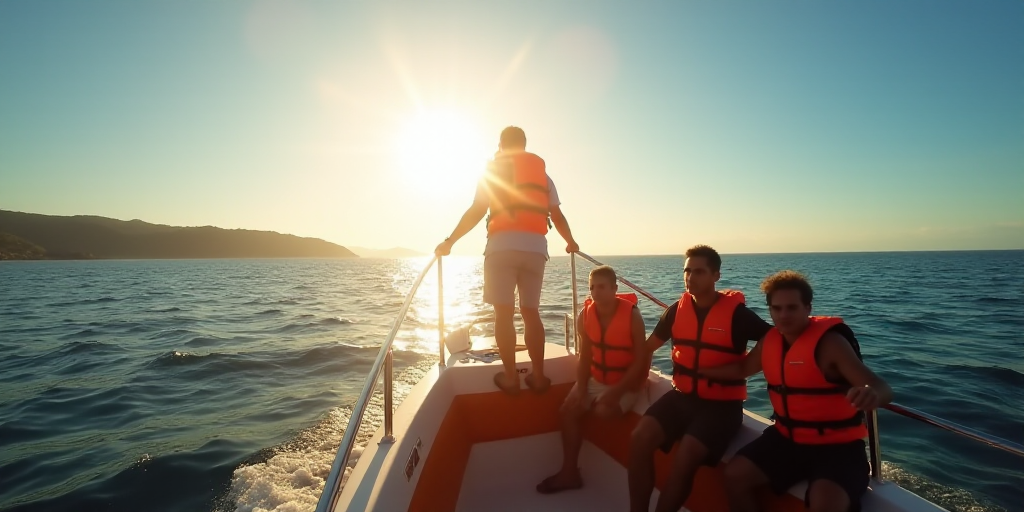 a group of people on a boat in the ocean with the sun shining behind them and a person in life vest