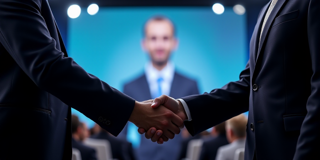a group of people shaking hands at a convention or conference hall with a large screen behind them a