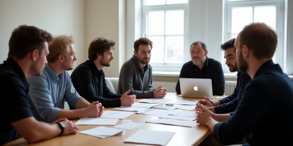 a group of people sitting around a table with papers and laptops on it, talking to each other, Engue