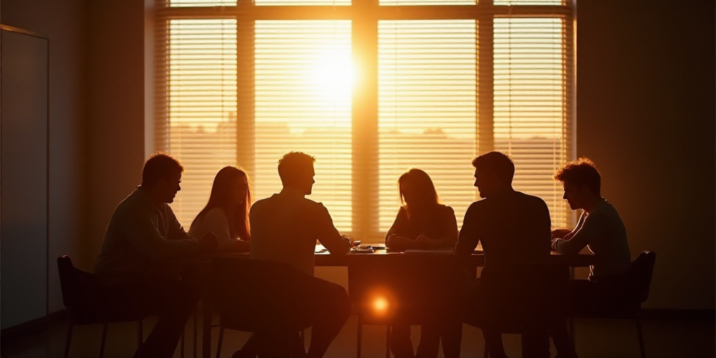 a group of people sitting around a table in front of a window with the sun shining through the blind