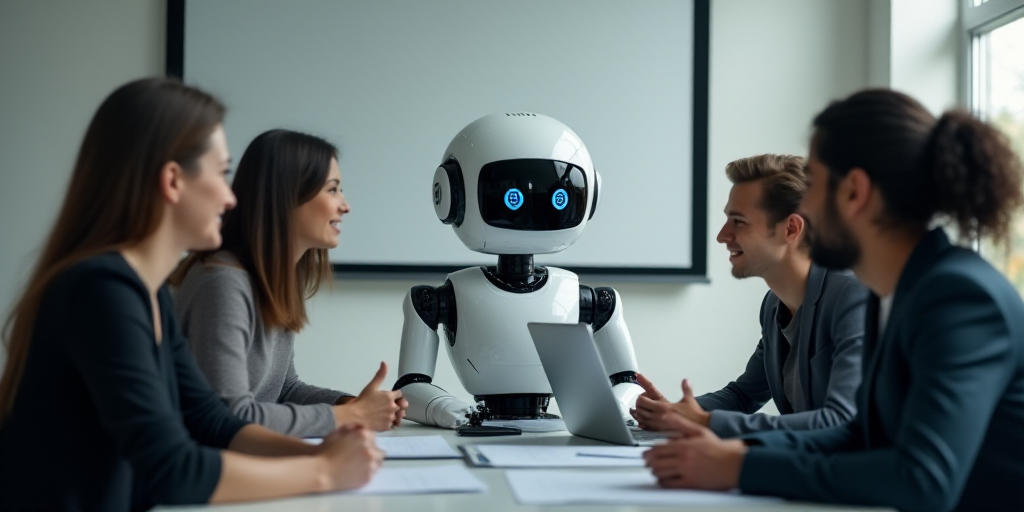 a group of people sitting around a table with a robot on it's head and a laptop on the table, Andrie