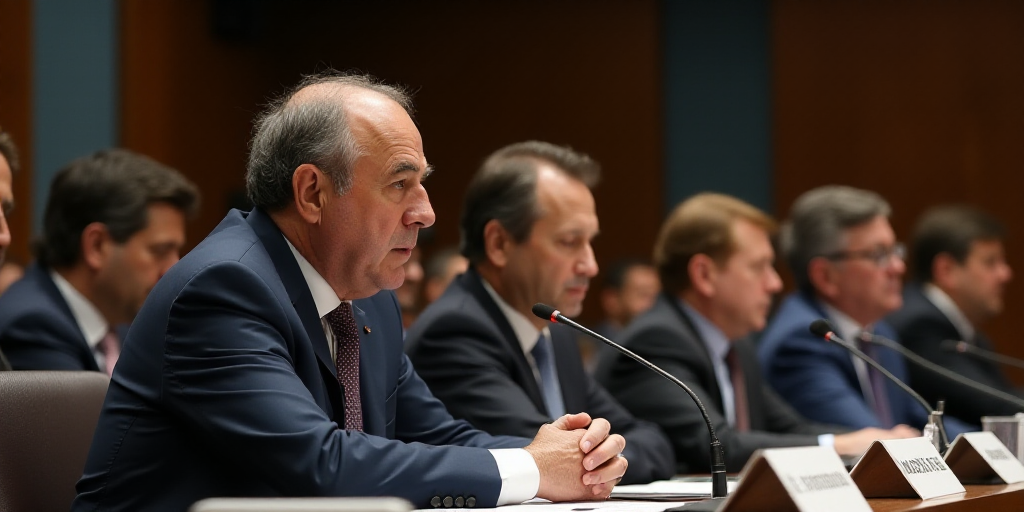 a group of people sitting at a table with microphones in front of them and a man in a suit, Agustín