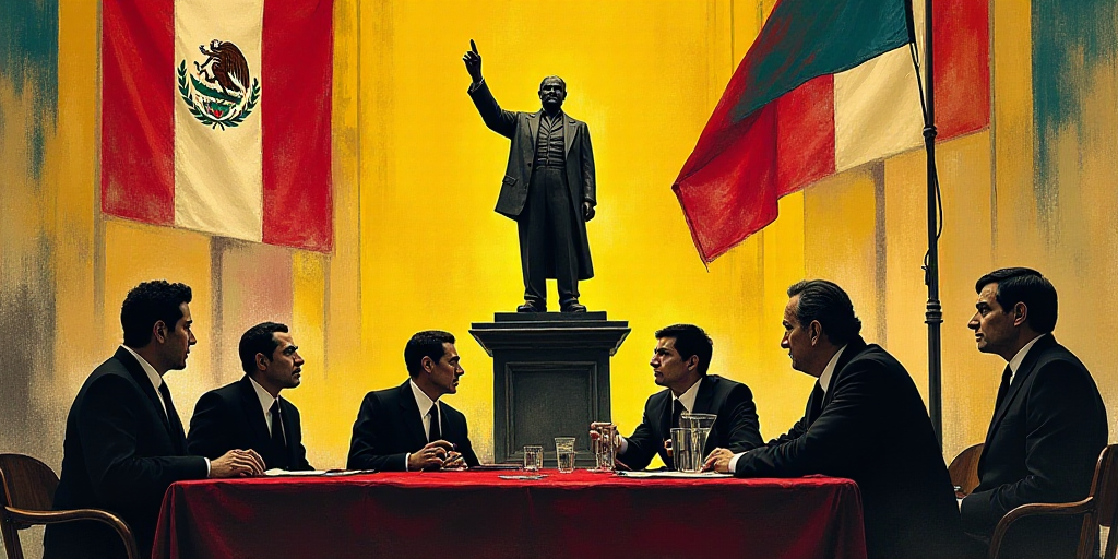 a group of people sitting at a table with flags in front of them and a statue of a man, David Alfaro