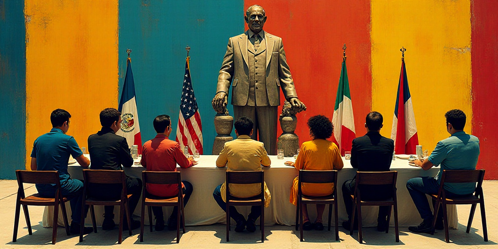 a group of people sitting at a table with flags in front of them and a statue of a man, David Alfaro
