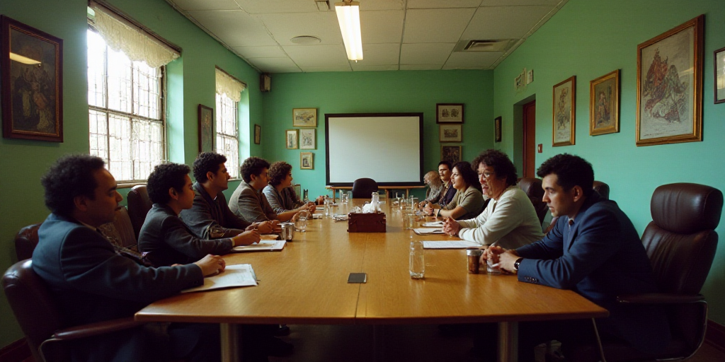 a group of people sitting at a long table in a room with pictures on the walls and a screen on the w