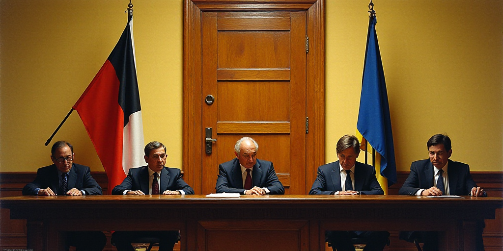 a group of people sitting at a table in a room with a large wooden panel and two flags on the wall,
