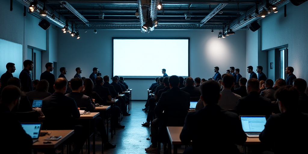 a group of people sitting at tables in a room with a big screen on the wall behind them and a lot of