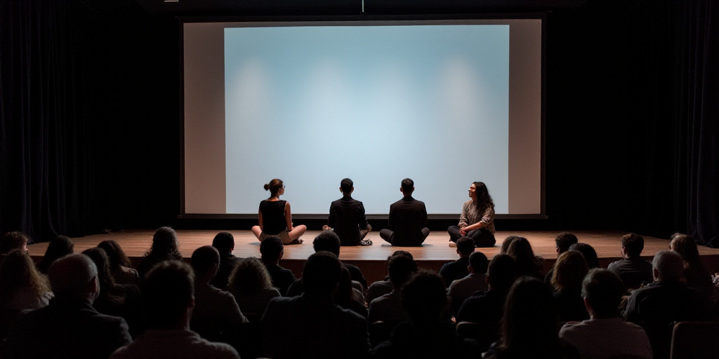 a group of people sitting on a stage in front of a screen with a projector screen behind them, Betti