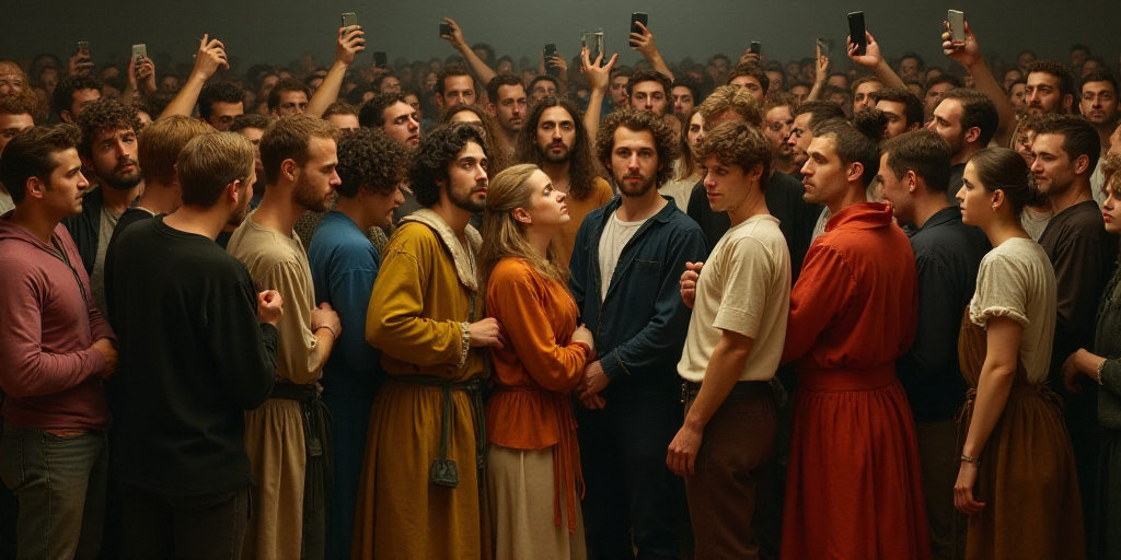 a group of people standing around each other in a crowd of people taking pictures of them with their