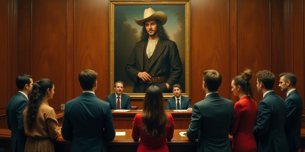 a group of people standing around each other in a courtroom with a picture of a man in a cowboy hat,