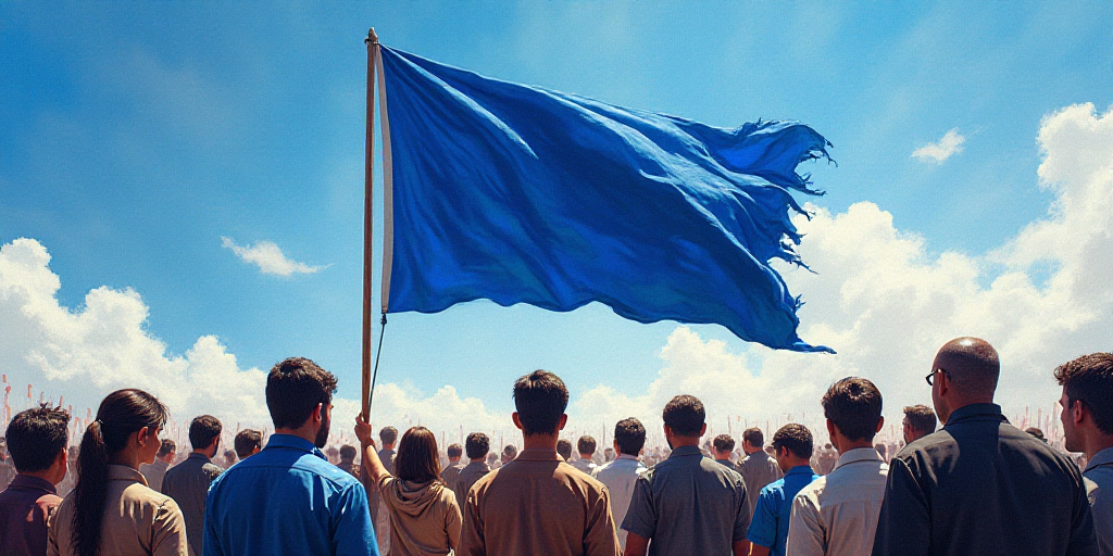 a group of people standing around a blue flag with a soldier on it's side and a blue sky in the back