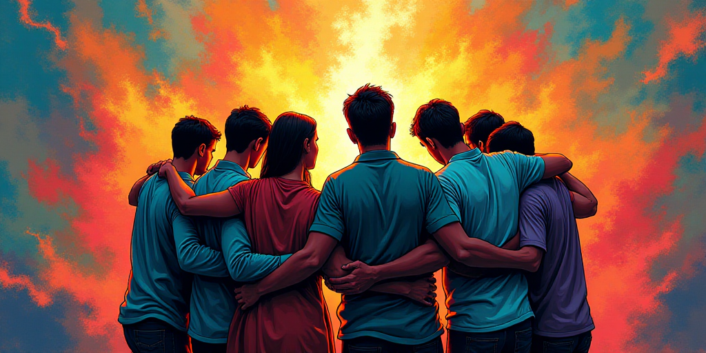 a group of people standing around each other in a circle with their arms around each other and one m