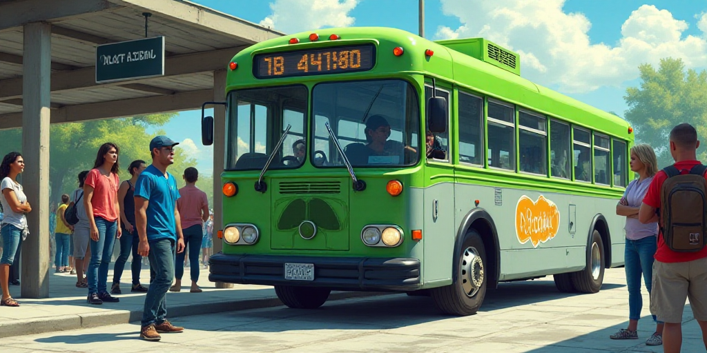 a group of people standing around a green and gray bus at a bus stop with a man in a blue shirt, Ada