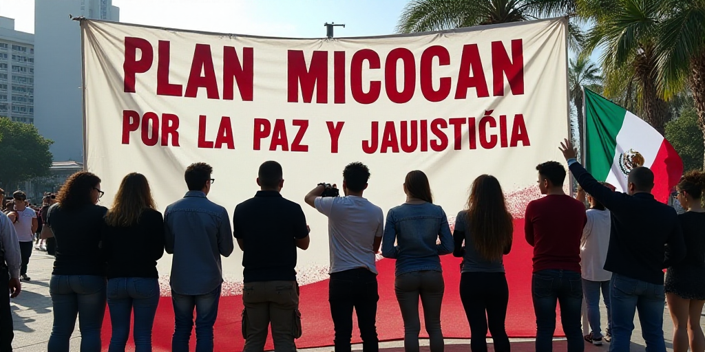 a group of people standing in front of a sign with a banner behind them that reads plan micocan por