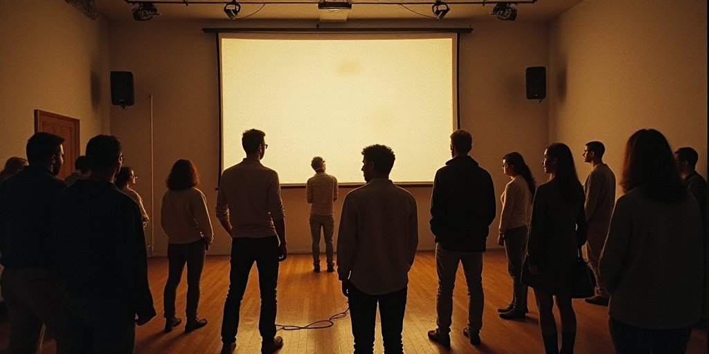 a group of people standing in a room with a projector screen in the background and a projector scree