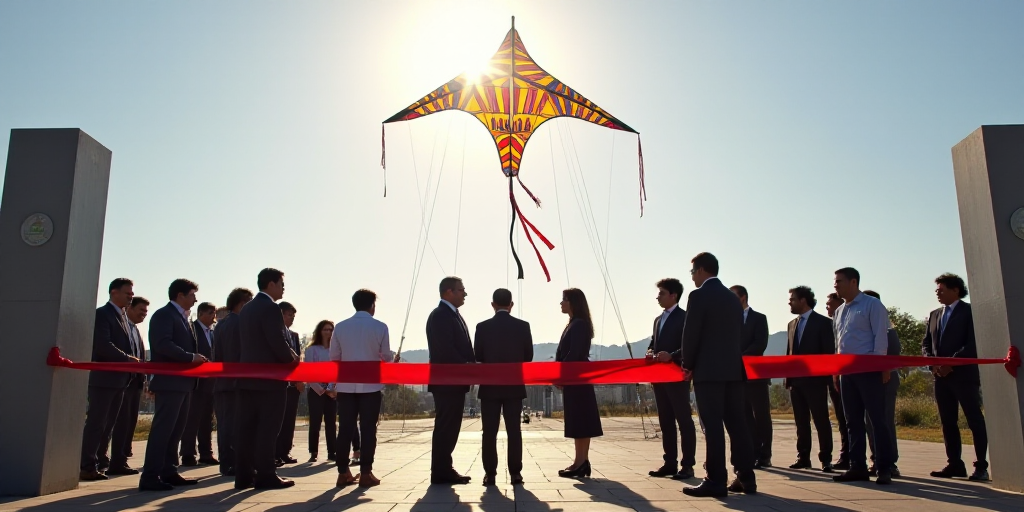 a group of people standing in front of a ribbon cutting ceremony with a kite in the background of th