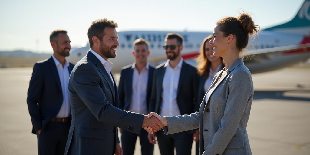 a group of people standing next to each other in front of a plane with flags on it and a woman shaki