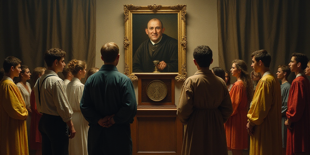 a group of people standing next to each other in front of a podium with a picture of a man, Araceli