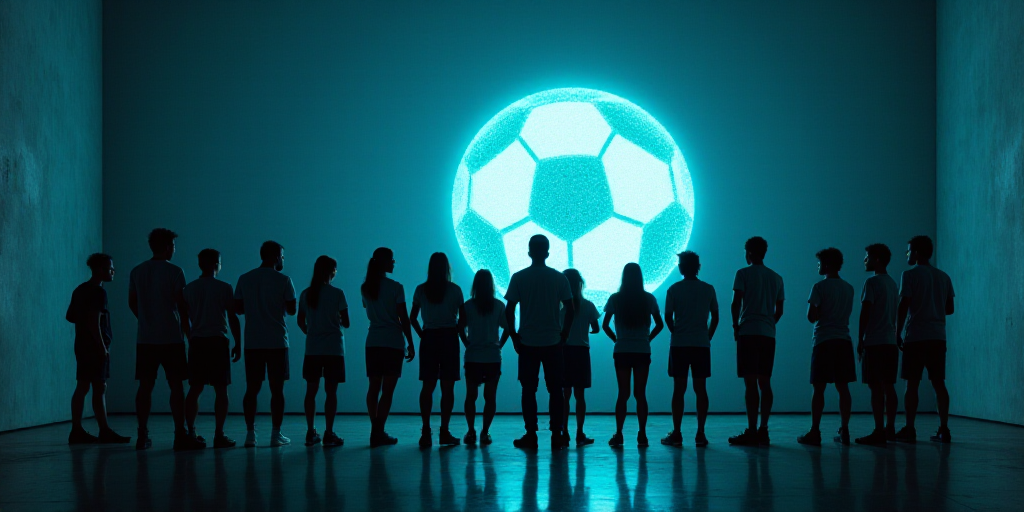 a group of people standing next to each other in front of a wall with a soccer ball on it, Emma Río