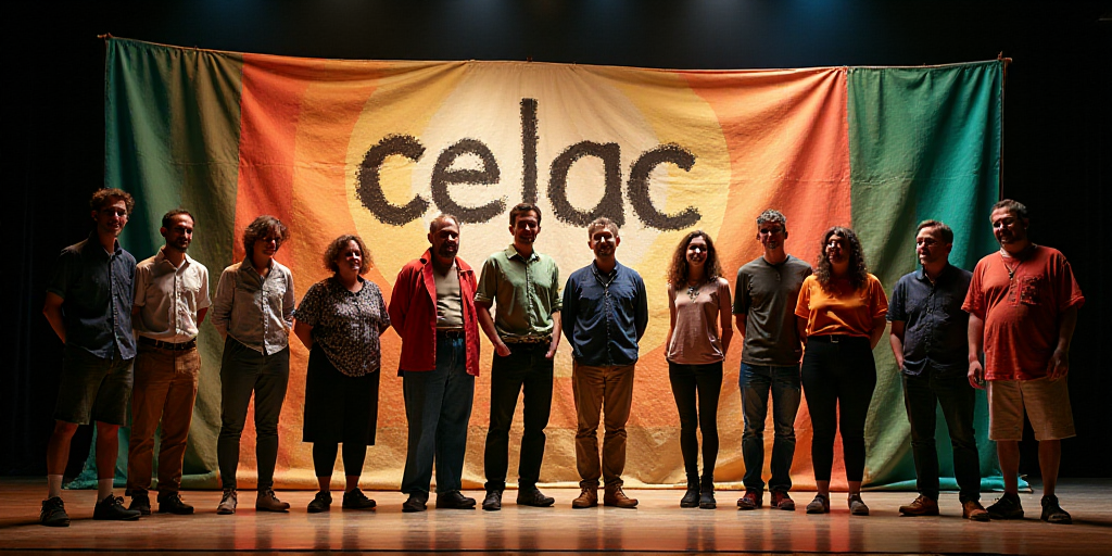 a group of people standing on a stage with a banner behind them that says celac - ue, Celia Fiennes,