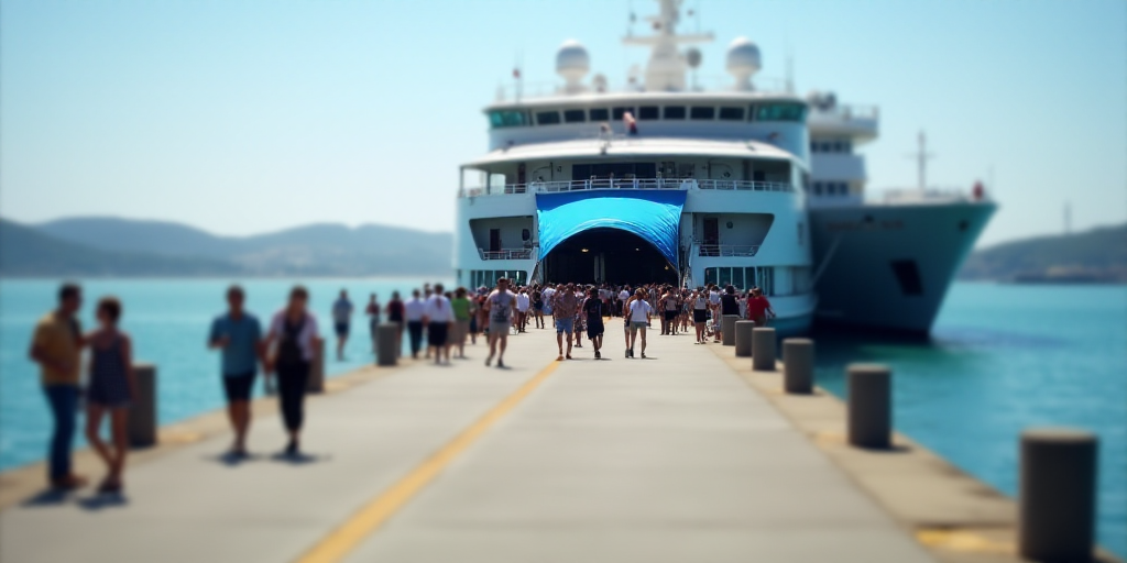 a group of people walking along a pier next to a large ship with a blue canopy over it's entrance, A