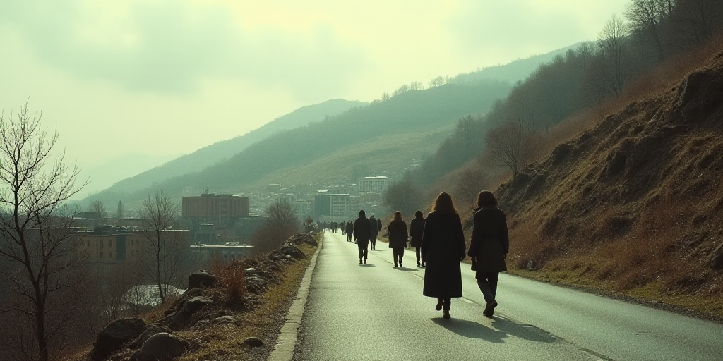 a group of people walking down a street next to a hillside covered in buildings and hills in the dis