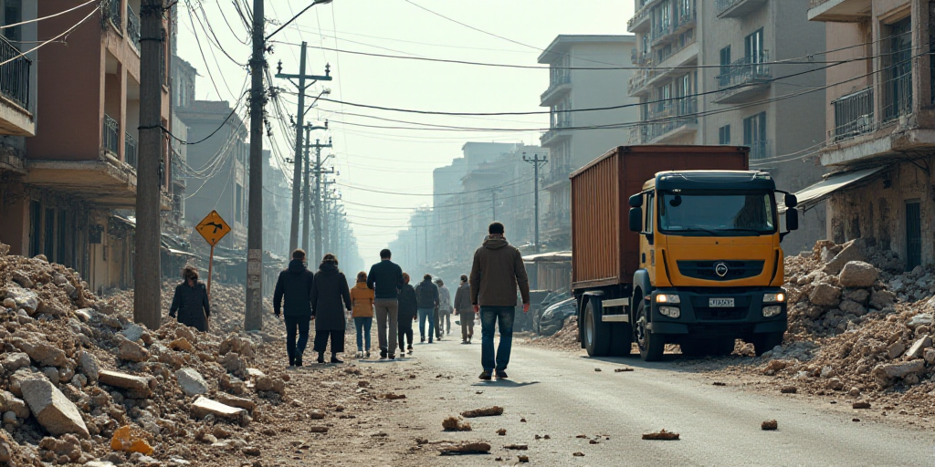 a group of people walking down a street next to a pile of rubble and debris on the ground and a truc